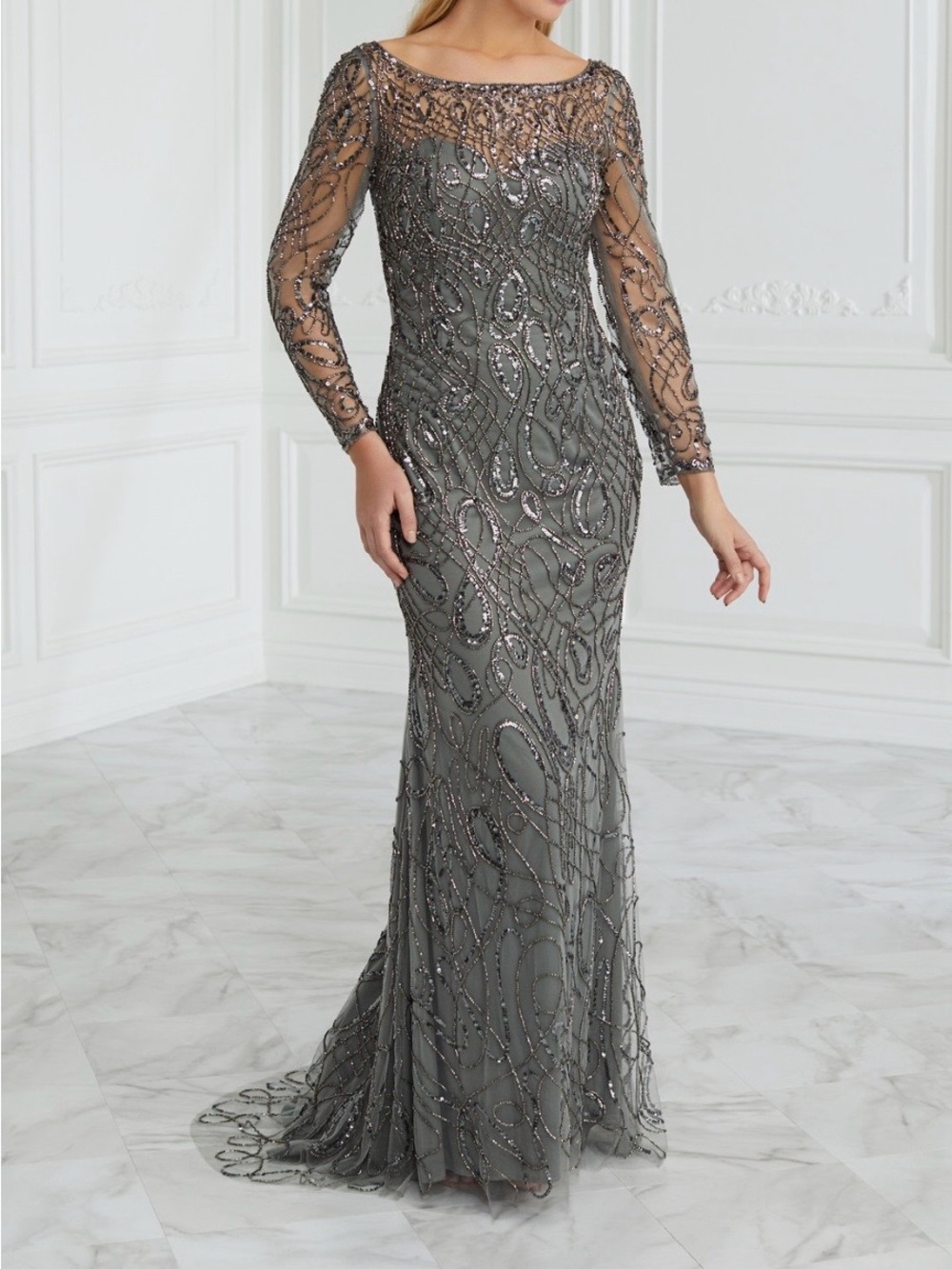 Christina Wu Beaded Long-Sleeve Evening Gown - Grey